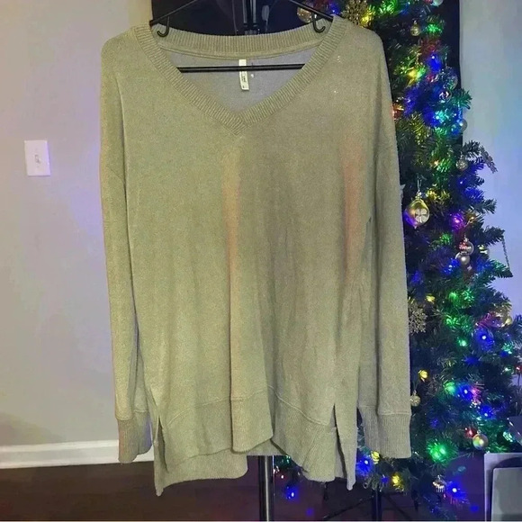 Small BE COOL Heathered V Neck Tan Sweater - Picture 2 of 10
